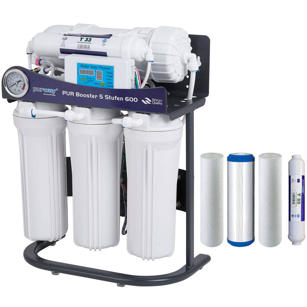 PUR Booster 5 etapas 600 GPD sistema de ósmosis de flujo directo + juego de filtros de repuesto
